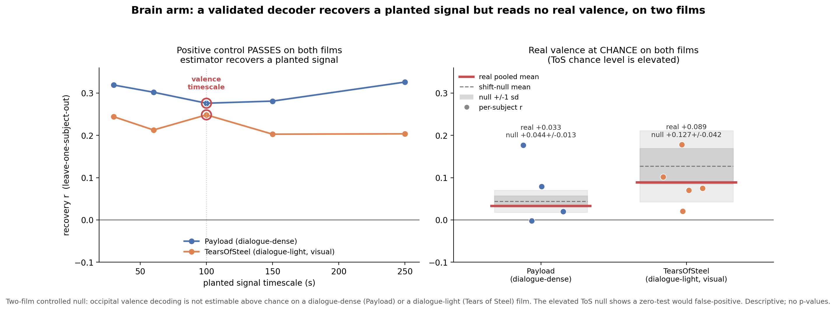 A validated decoder recovers a planted control signal but reads real valence at chance on both films.